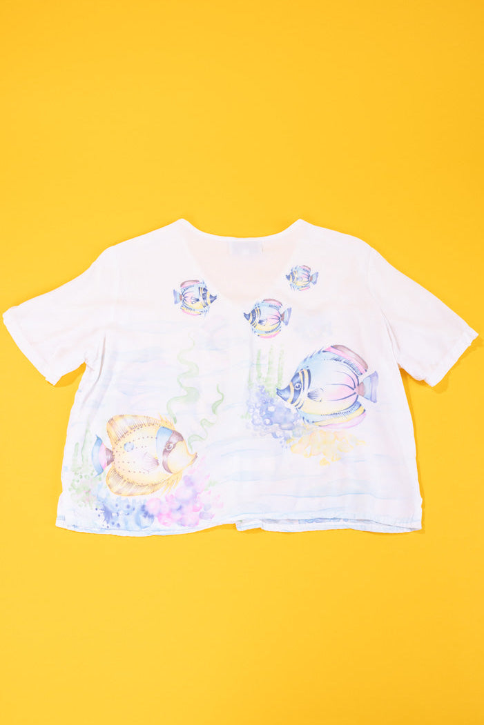 Vintage 90s Tropical Summer Fishy Cropped Button Up