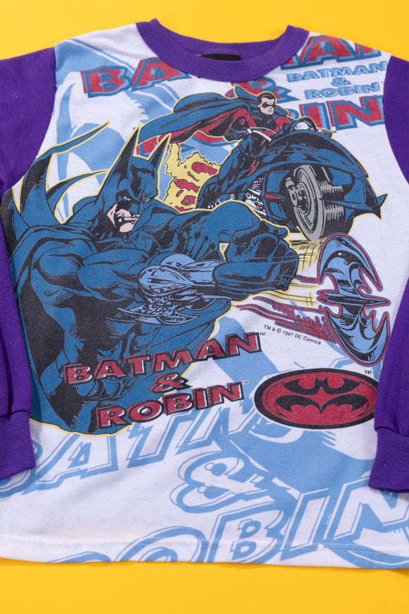 Vintage 1997 DC Batman and Robin Long Sleeve Pajama Shirt (Kids-14)