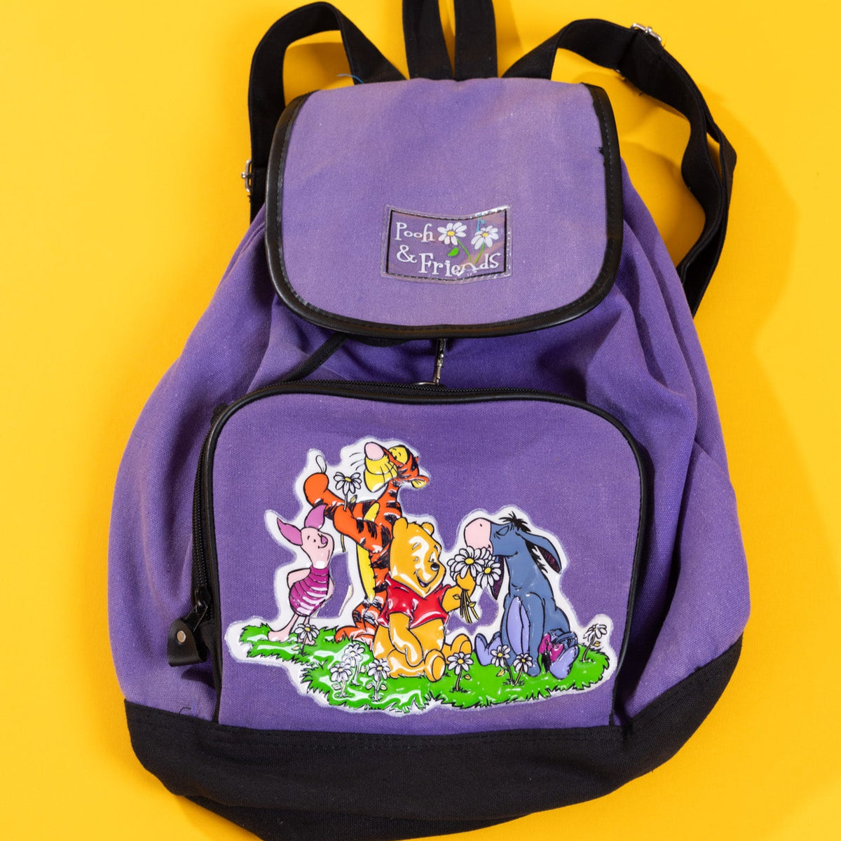 Vintage Disney Winnie The Pooh Cotton Backpack Embroidered Purple & Yellow Winnie the Pooh Bear Rolling Backpack 16 inch Patch Purple  main image 3