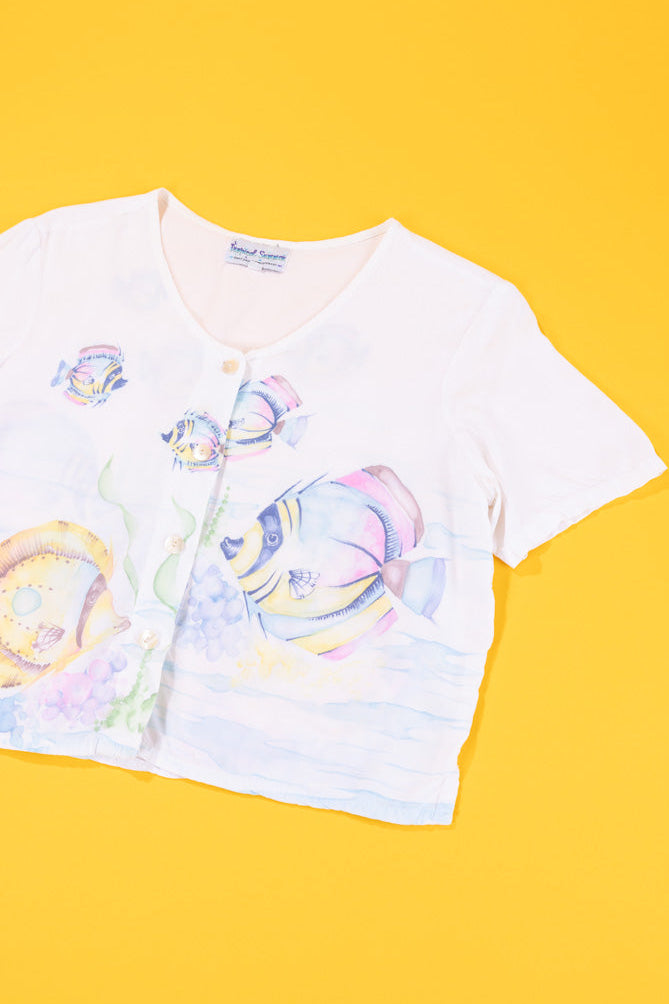 Vintage 90s Tropical Summer Fishy Cropped Button Up