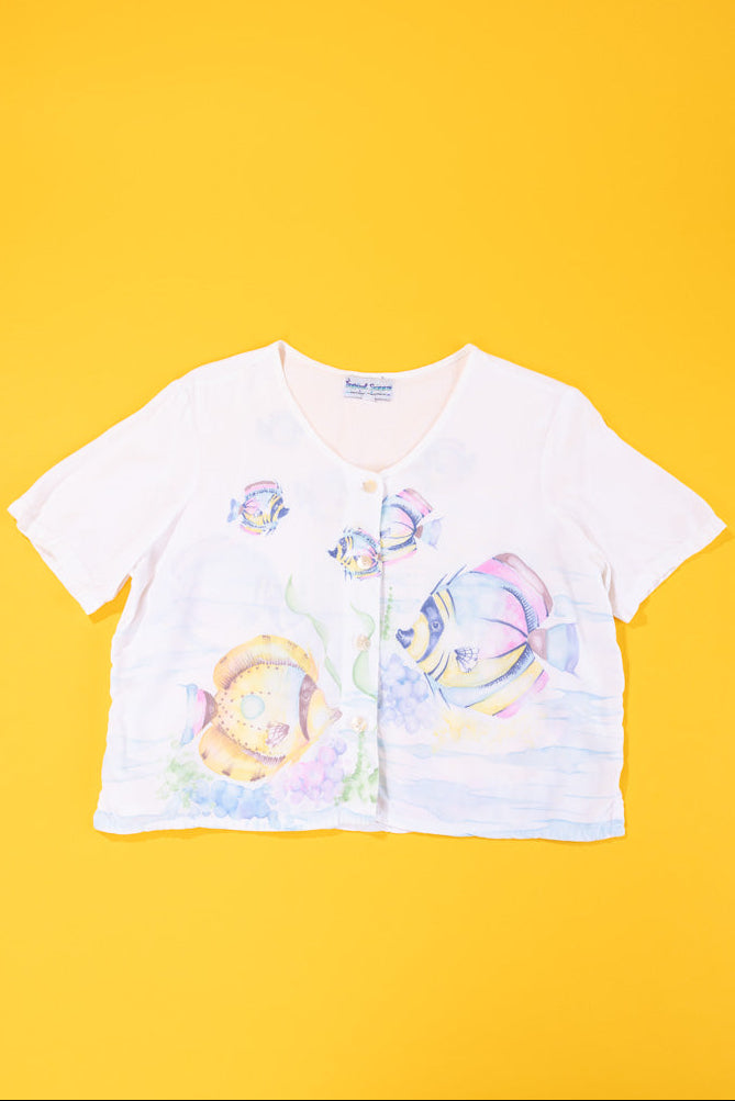 Vintage 90s Tropical Summer Fishy Cropped Button Up