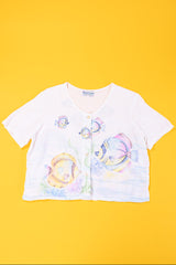 Vintage 90s Tropical Summer Fishy Cropped Button Up