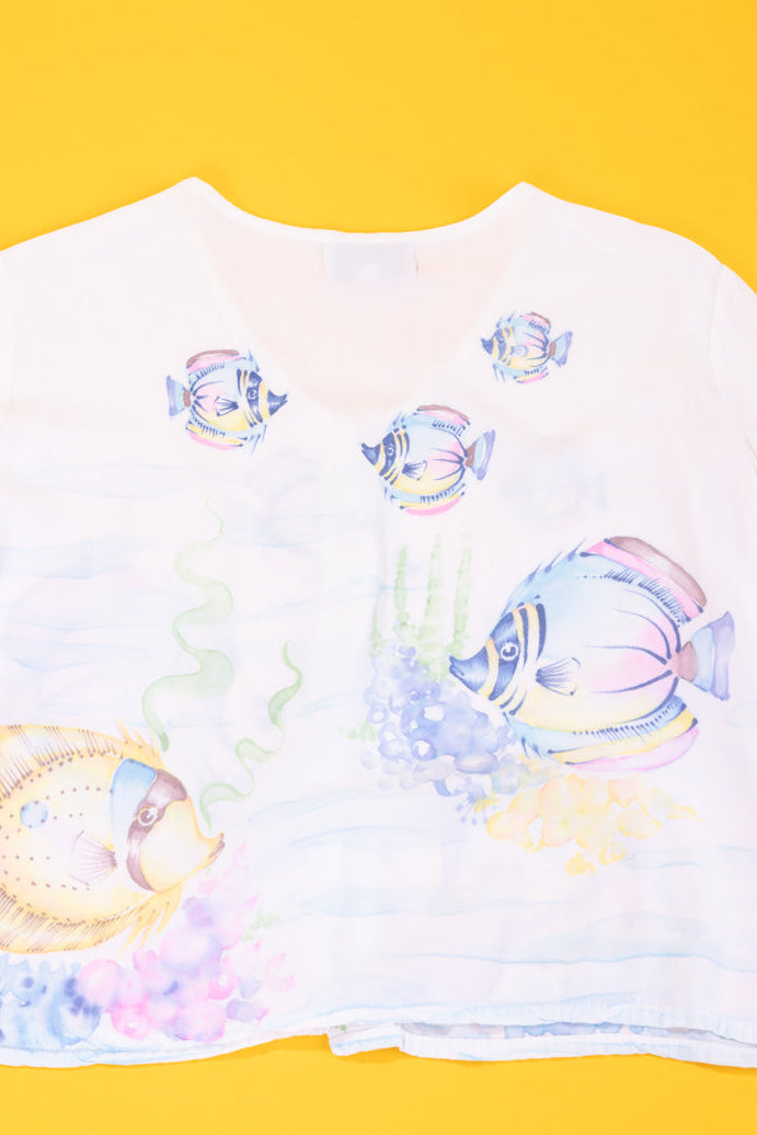 Vintage 90s Tropical Summer Fishy Cropped Button Up