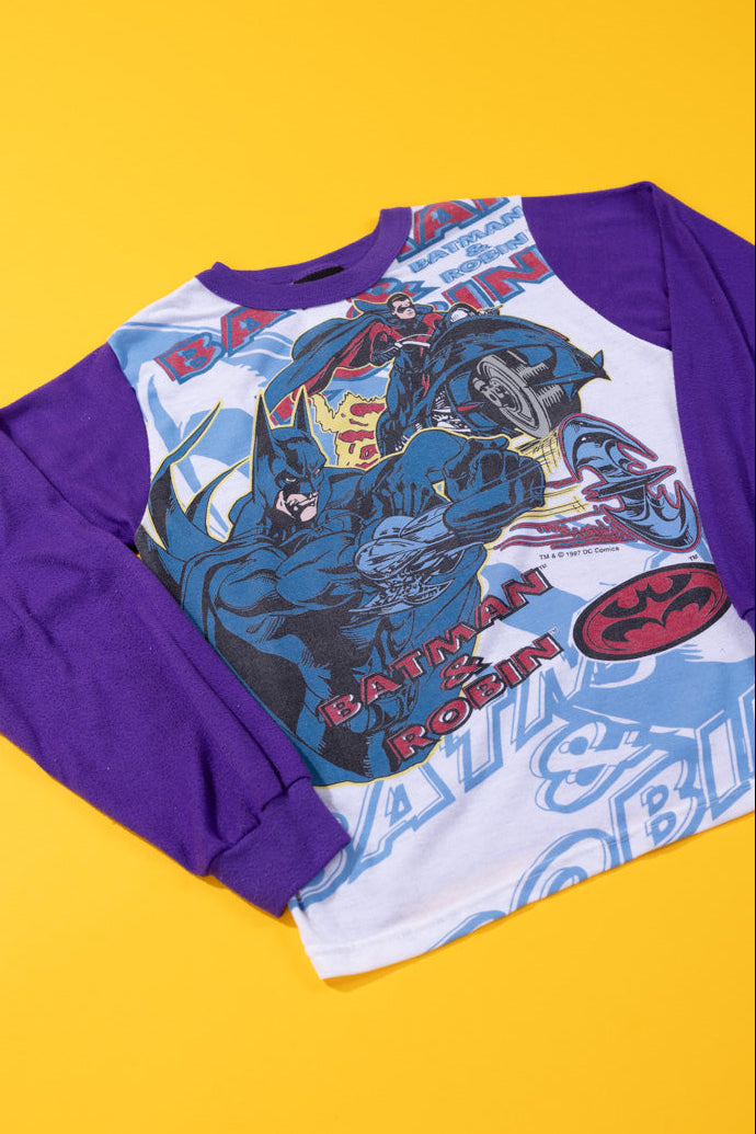 Vintage 1997 DC Batman and Robin Long Sleeve Pajama Shirt (Kids-14)
