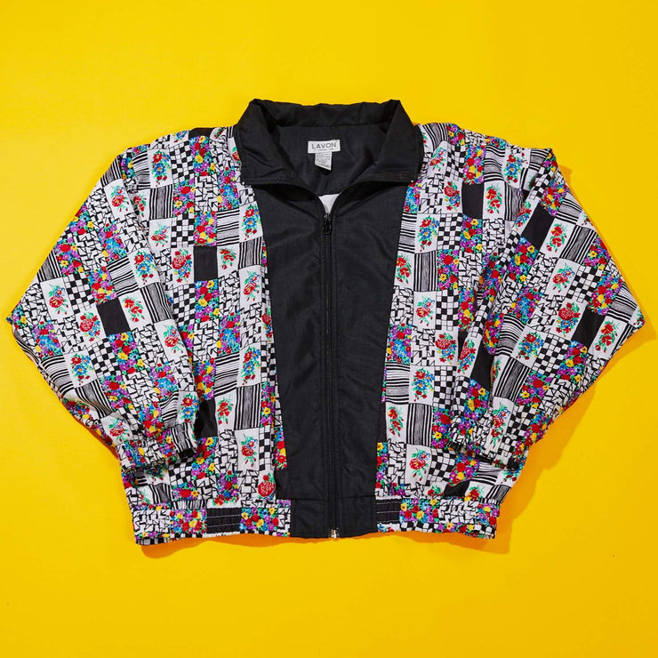 Vintage 90s Lavon Floral Windbreaker Jacket (Black)