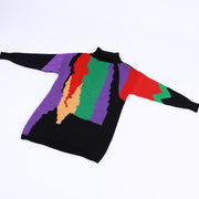 Vintage 90s Color Block Hand Loomed Turtle Neck Sweater