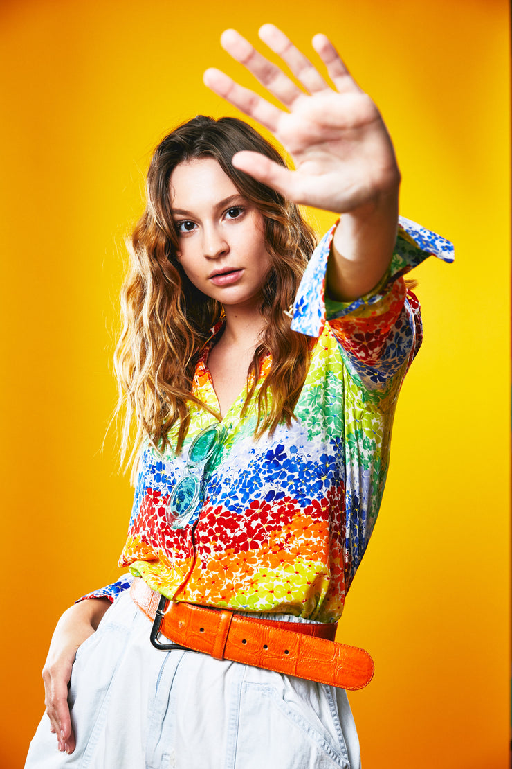 Vintage 80s Maggy London Floral Rainbow Button Up Shirt