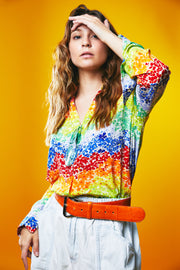 Vintage 80s Maggy London Floral Rainbow Button Up Shirt