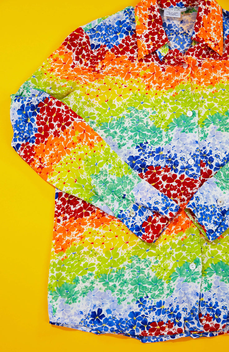 Vintage 80s Maggy London Floral Rainbow Button Up Shirt