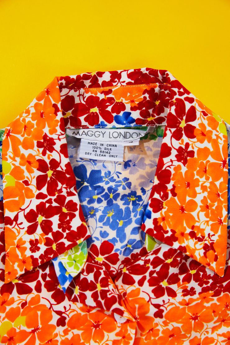 Vintage 80s Maggy London Floral Rainbow Button Up Shirt