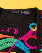 Vintage 80s Rafia Bedazzled Retro Embroidered Cropped Sweater