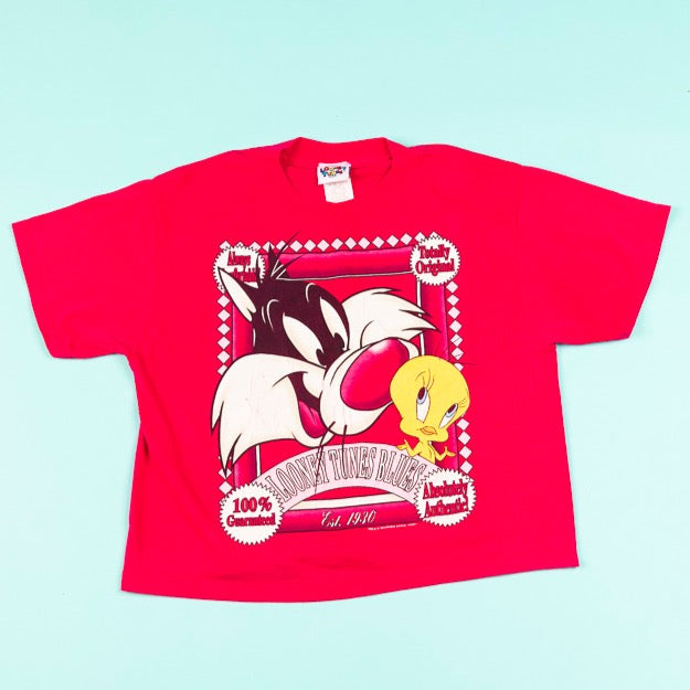 Vintage 1995 Looney Tunes Blues Crop Top tweety bird and Sylvester cat from retro candy